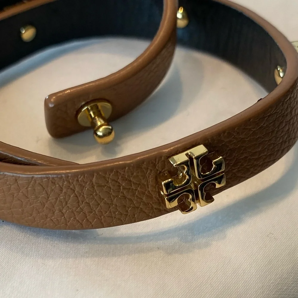 Tory Burch Double Wrap Logo Bracelet Leather Tan Gold - Picture 9 of 12
